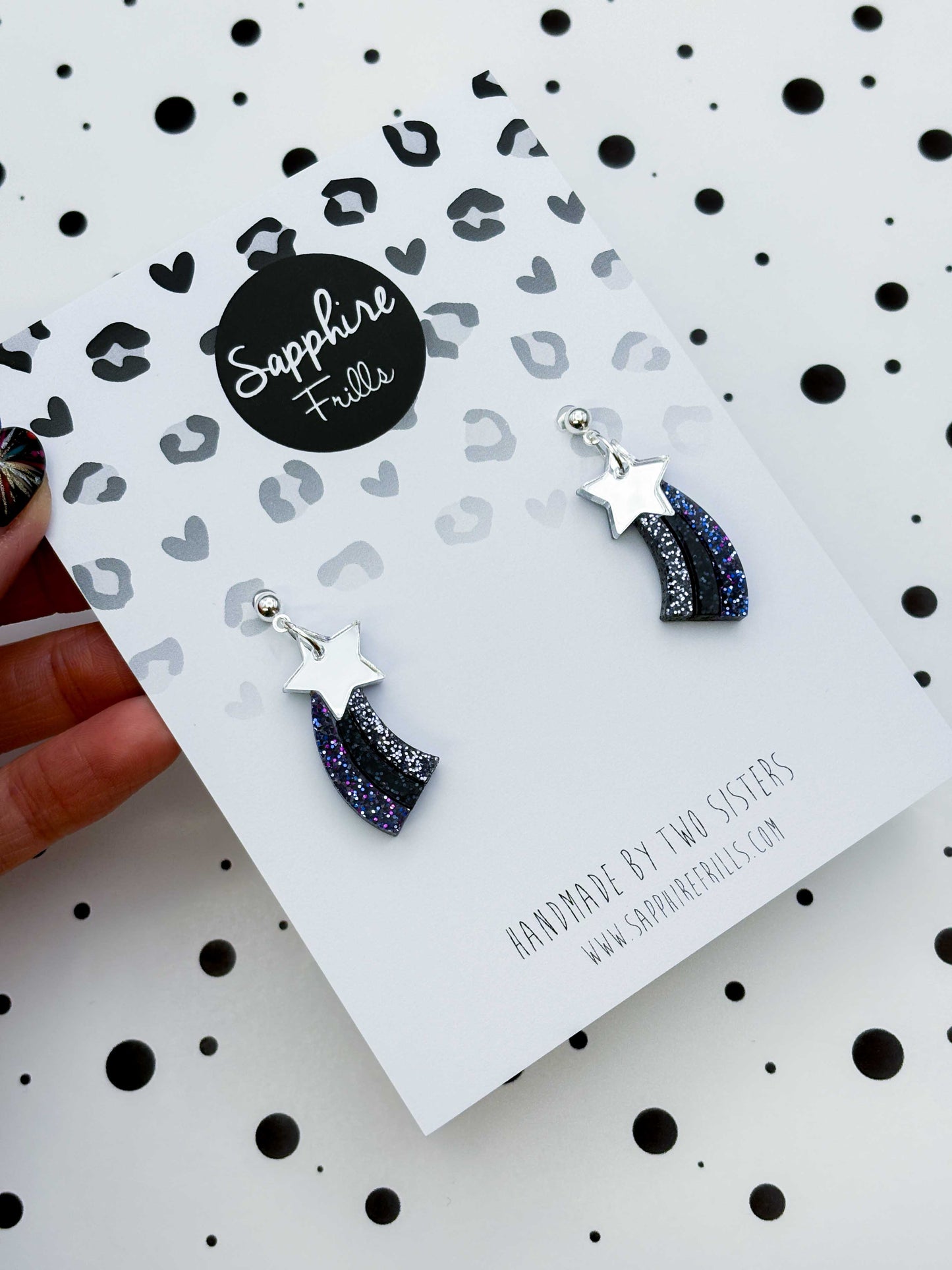 Medium Silver and Night Sky Holographic Glitter Acrylic Shooting Star Dangle Earrings