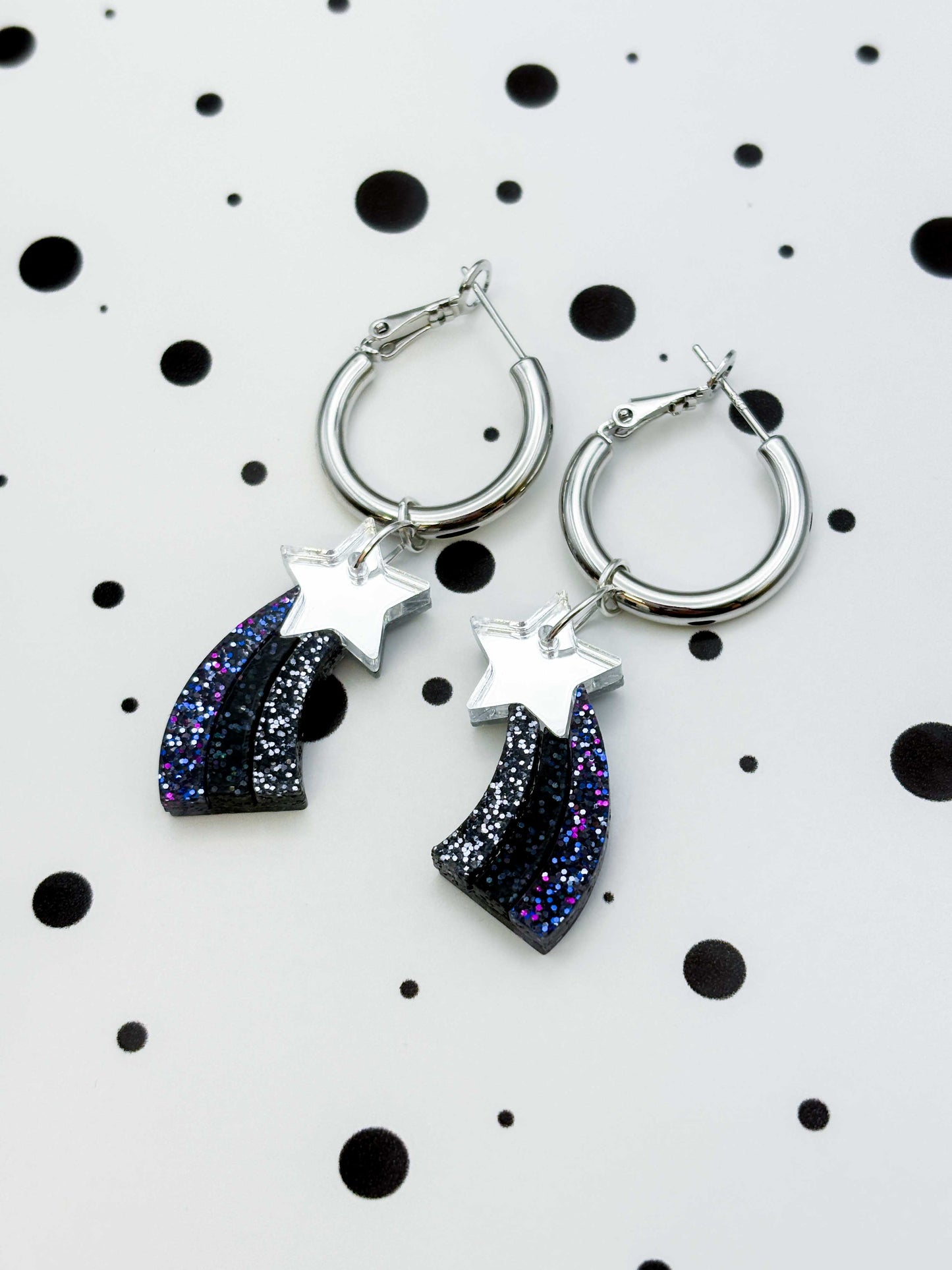 Medium Silver and Night Sky Holographic Glitter Acrylic Shooting Star Dangle Earrings