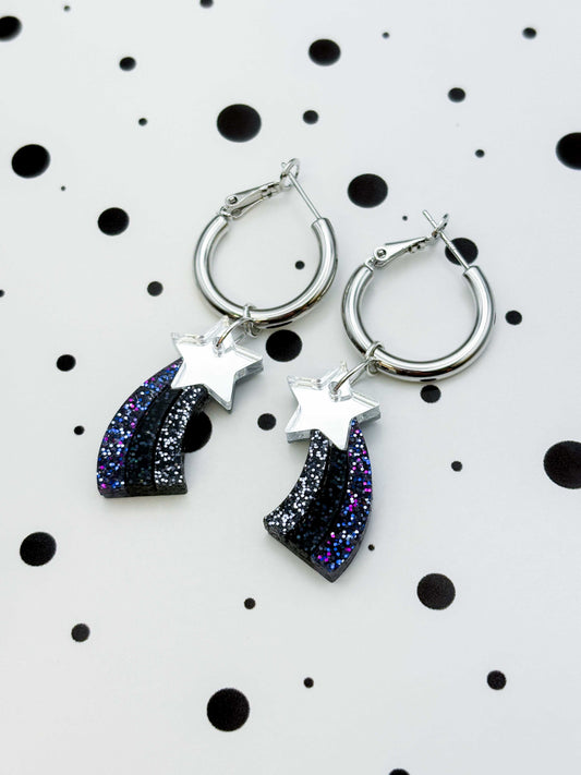 Medium Silver and Night Sky Holographic Glitter Acrylic Shooting Star Dangle Earrings or Necklace – Hypoallergenic Stainless Steel