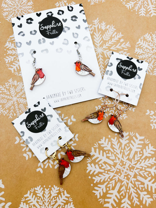 Medium Robin Red Breast Marble Acrylic Dangle Earrings or Necklace – Hypoallergenic Stainless Steel