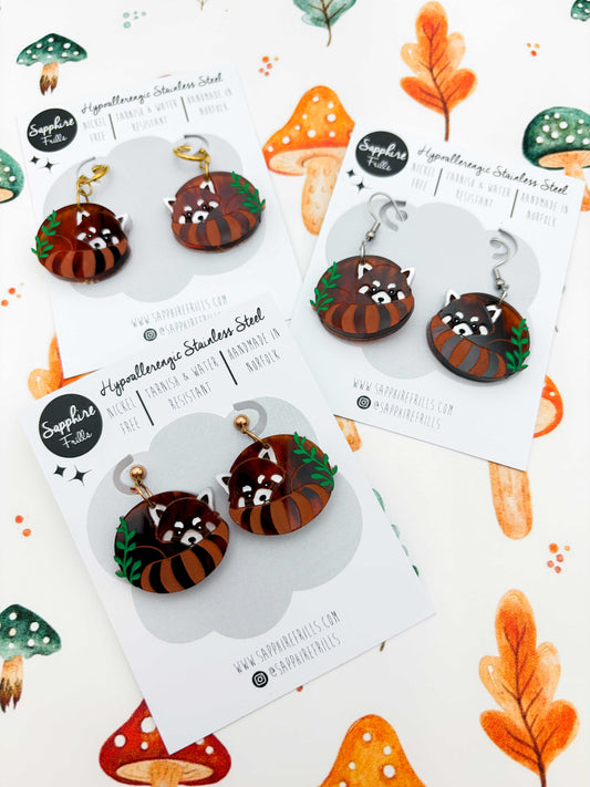 Large Red Panda with Leaves Dangle Earrings or Necklace – Hypoallergenic Stainless Steel