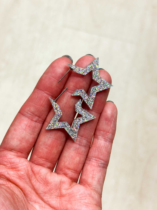 Large Silver Holographic Acrylic Star Hoops – Hypoallergenic Stainless Steel