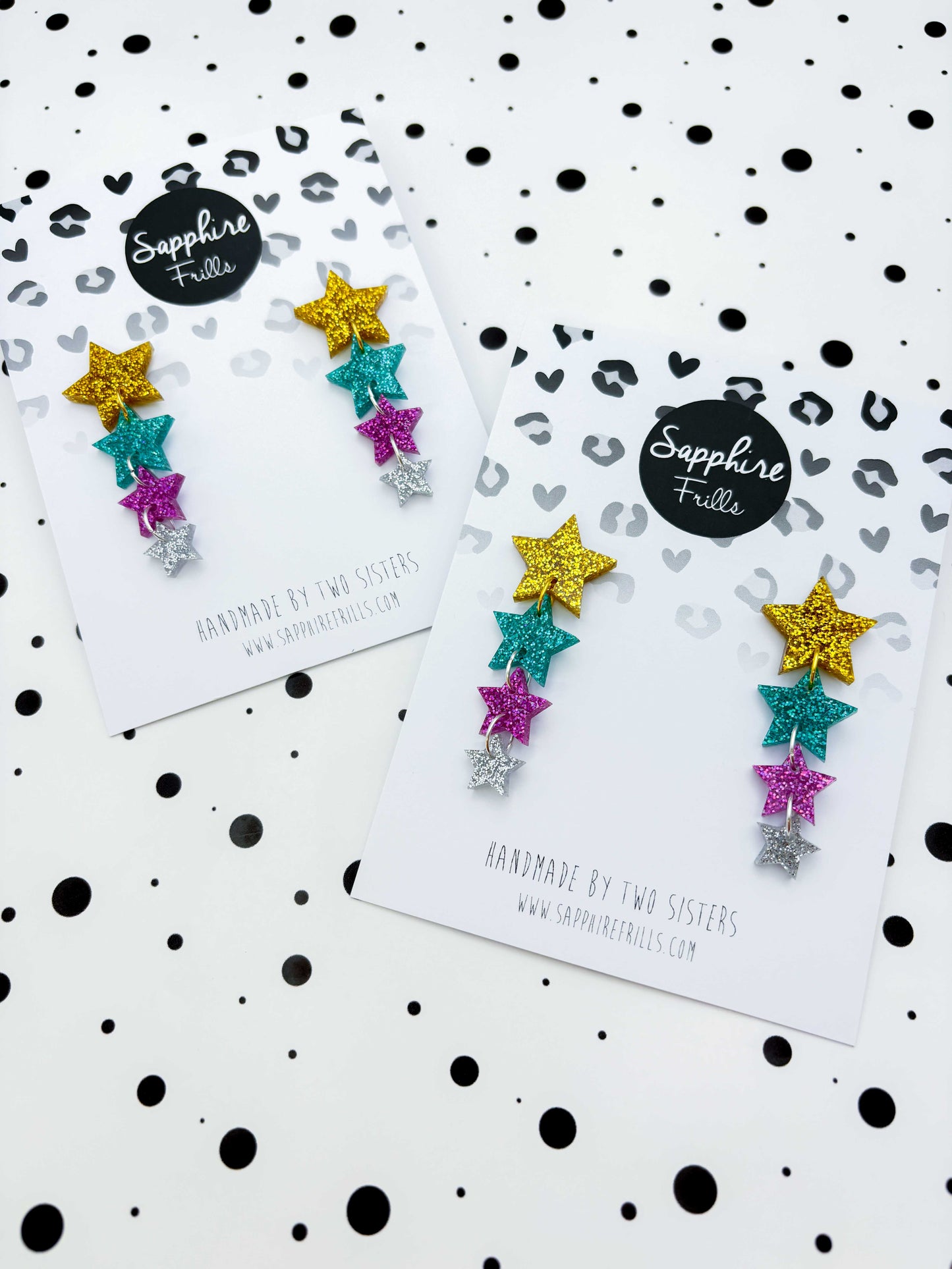 Gold, Teal, Purple and Silver Holographic Glitter Acrylic Star Quad Dangle Earrings