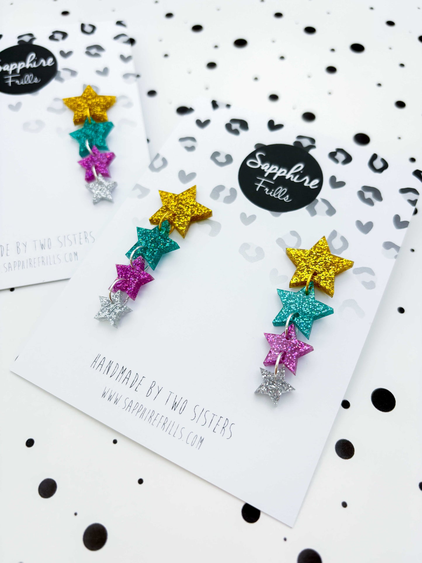 Gold, Teal, Purple and Silver Holographic Glitter Acrylic Star Quad Dangle Earrings