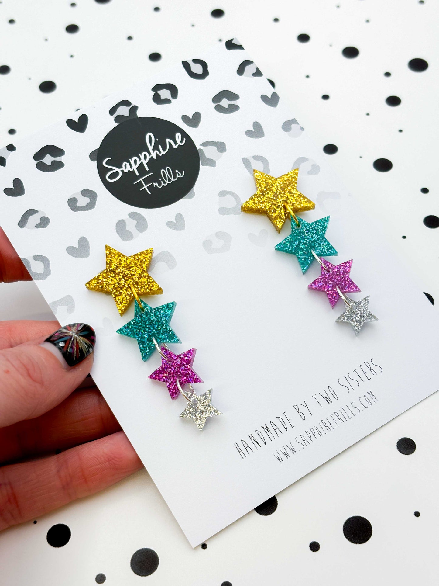 Gold, Teal, Purple and Silver Holographic Glitter Acrylic Star Quad Dangle Earrings