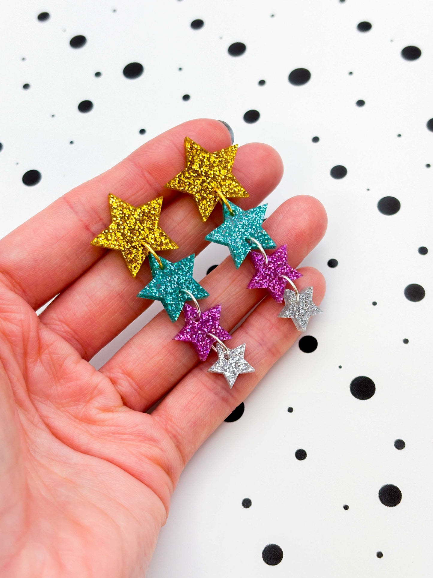Gold, Teal, Purple and Silver Holographic Glitter Acrylic Star Quad Dangle Earrings