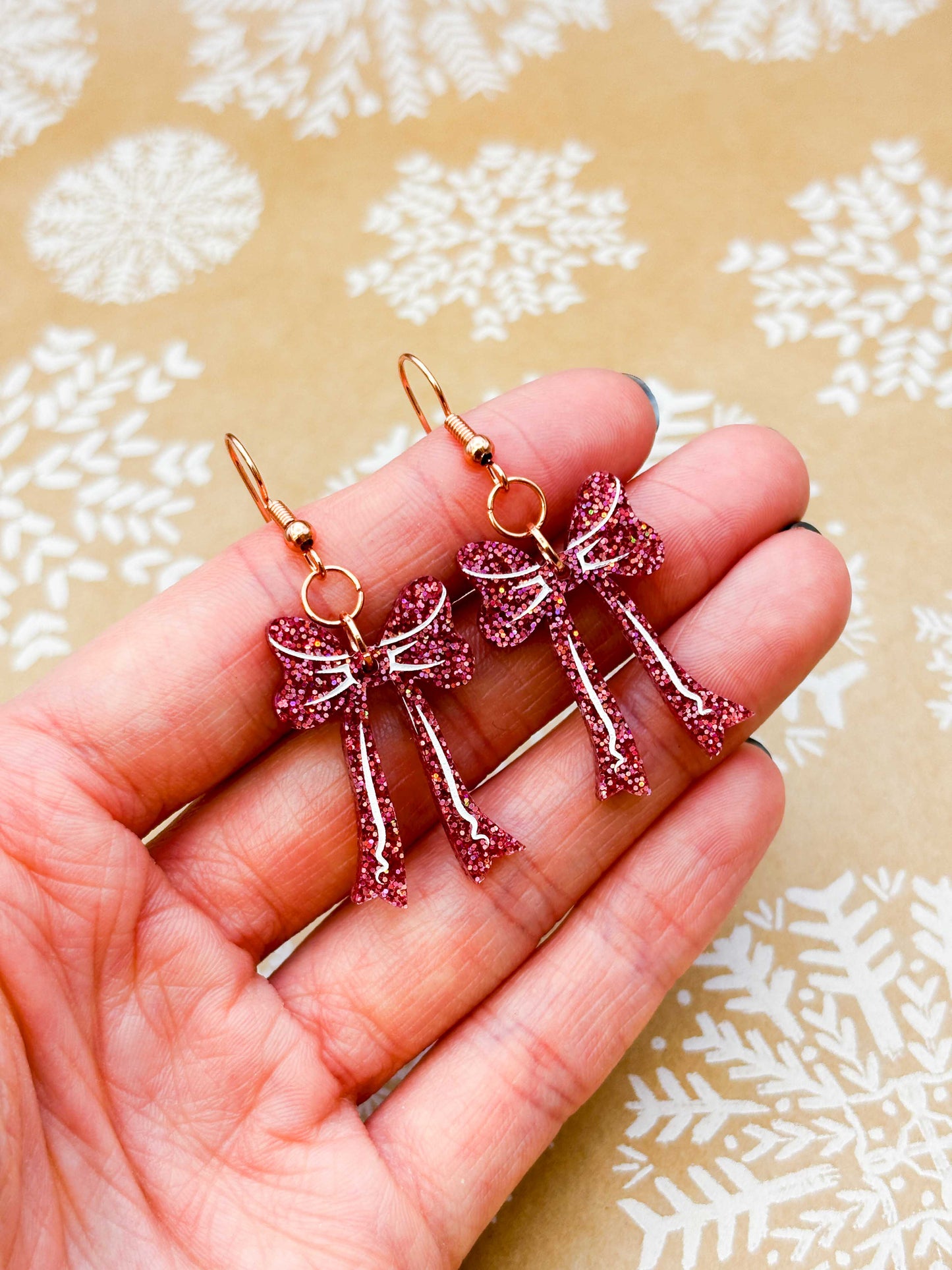 Large Pink Holographic Glitter Acrylic Long Bow Dangle Earrings