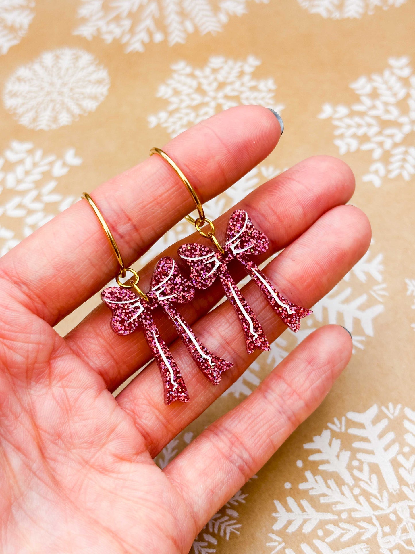 Large Pink Holographic Glitter Acrylic Long Bow Dangle Earrings