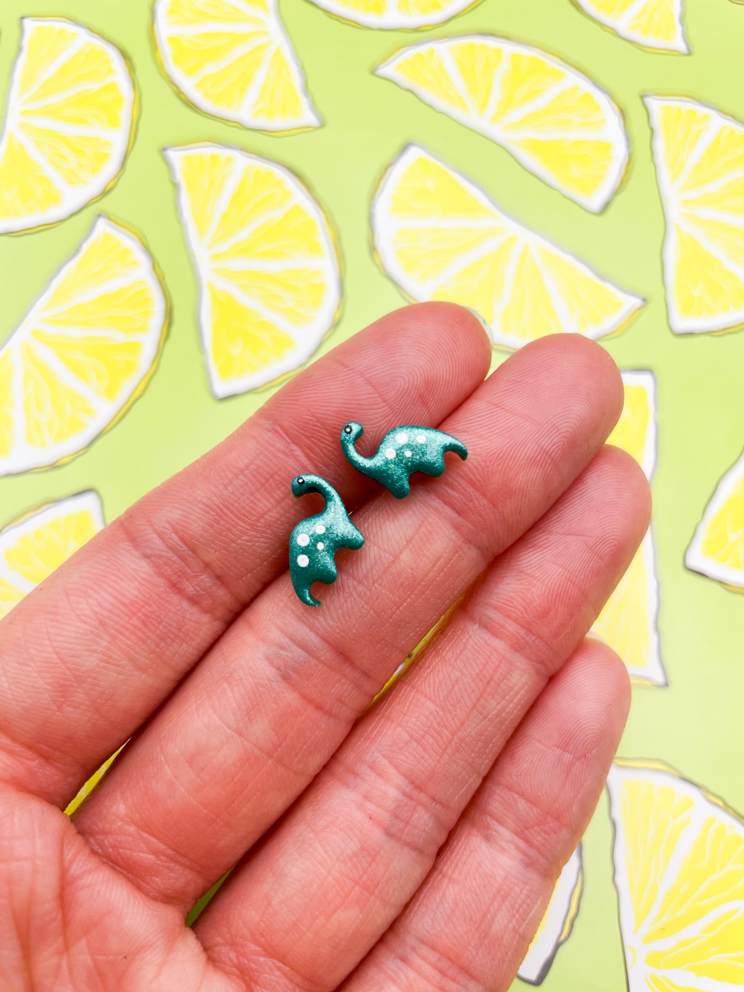 Mini Pearlescent Emerald Diplodocus Dinosaur Stud Earrings – Hypoallergenic Stainless Steel