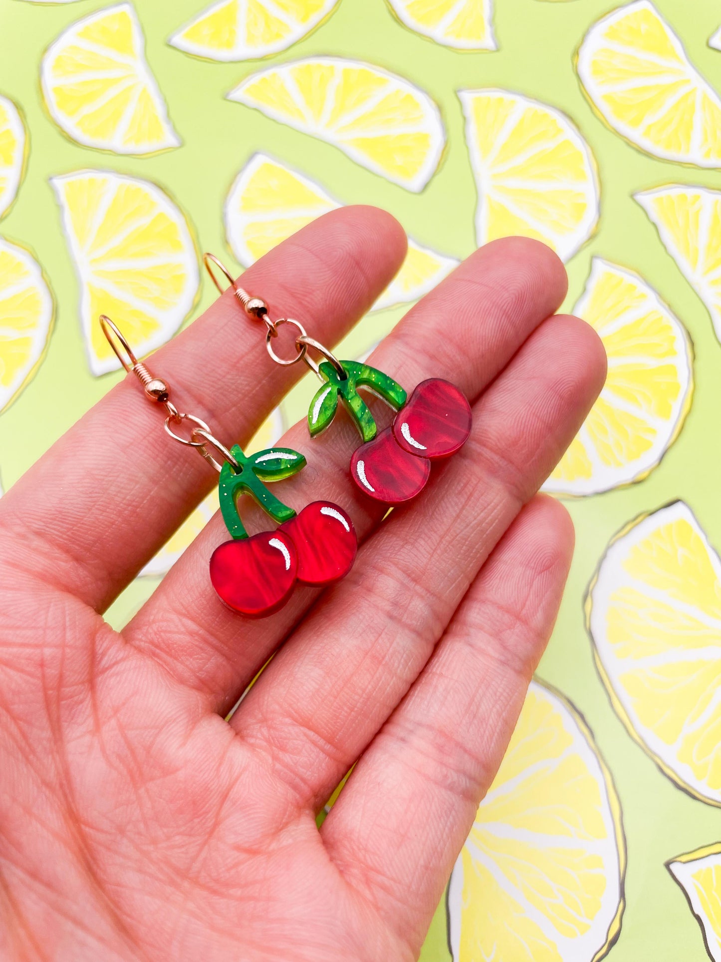 Medium Deep Red Marble Acrylic Cherry Dangle Earrings
