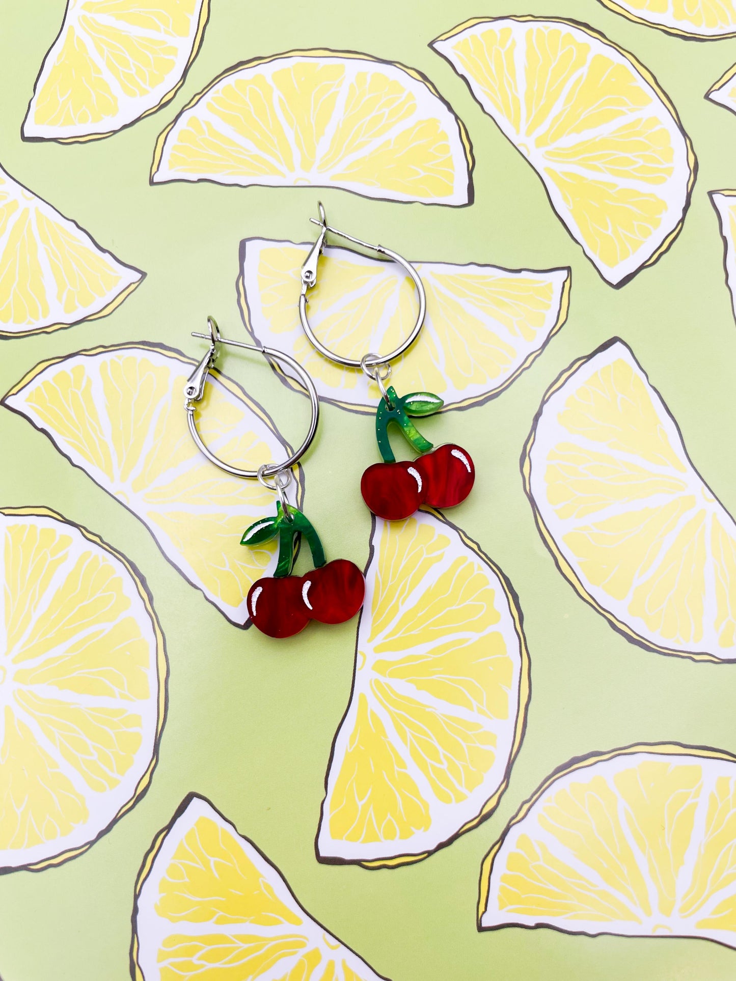 Medium Deep Red Marble Acrylic Cherry Dangle Earrings