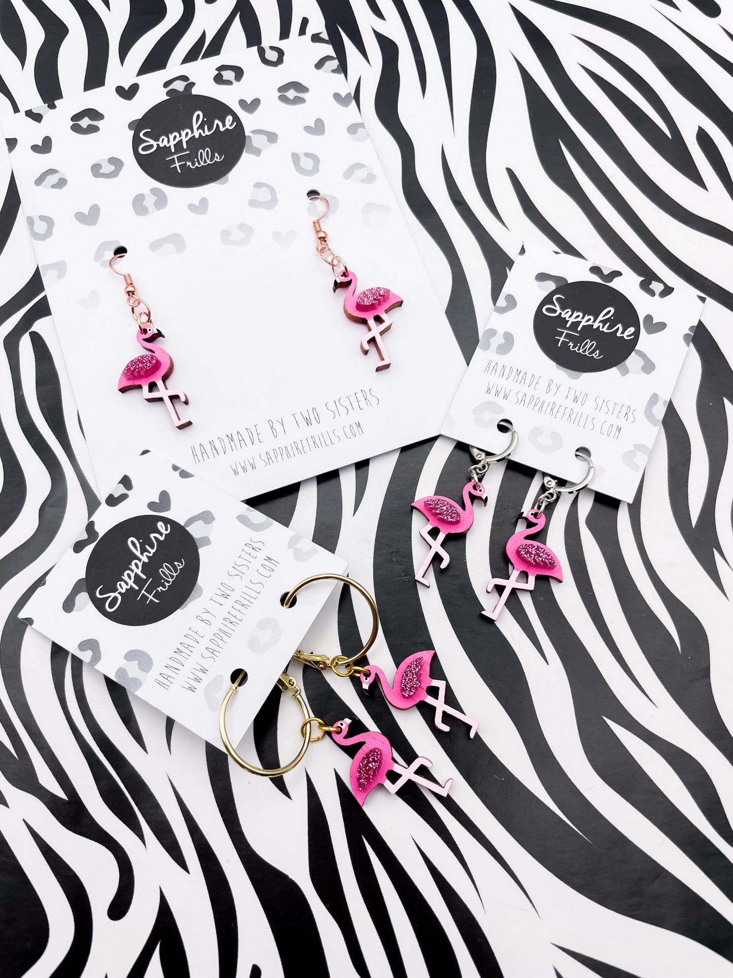 Medium Hot Pink Glitter Flamingo Acrylic and Wood Dangle Earrings