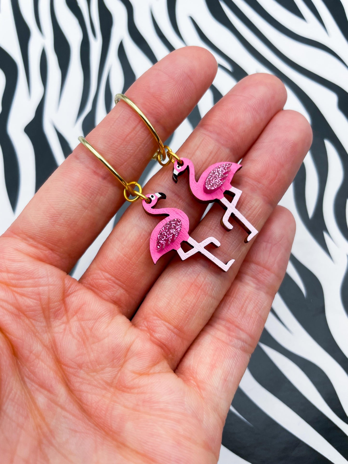 Medium Hot Pink Glitter Flamingo Acrylic and Wood Dangle Earrings