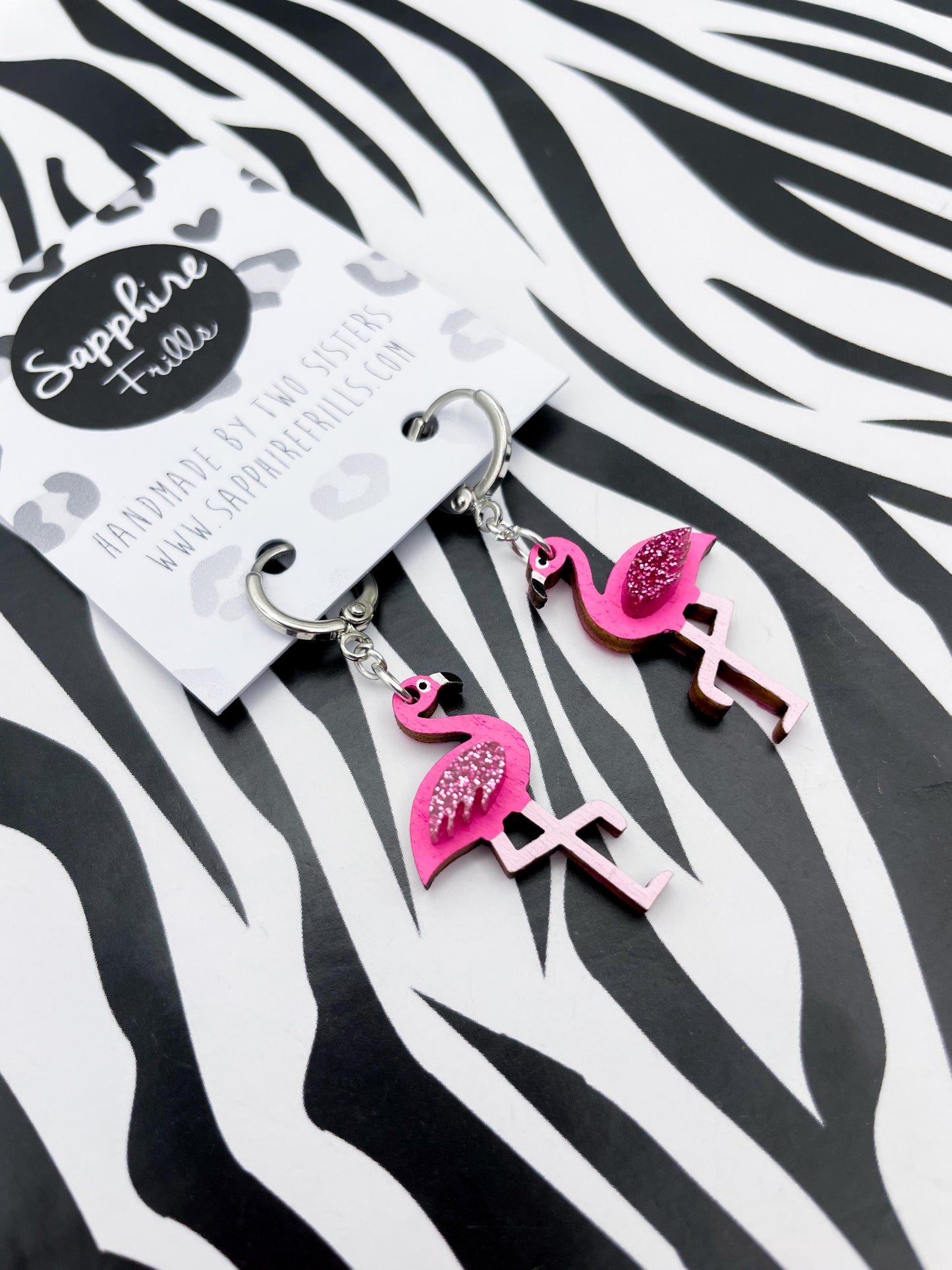 Medium Hot Pink Glitter Flamingo Acrylic and Wood Dangle Earrings
