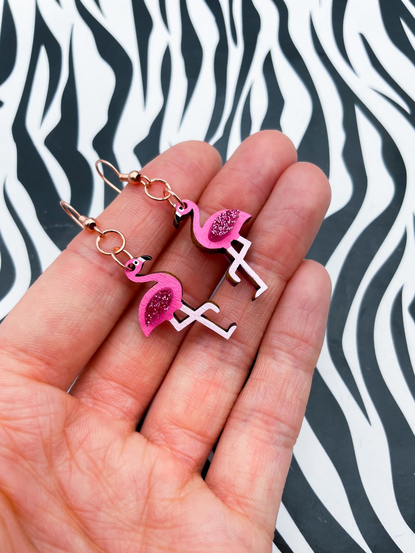 Medium Hot Pink Glitter Flamingo Acrylic and Wood Dangle Earrings
