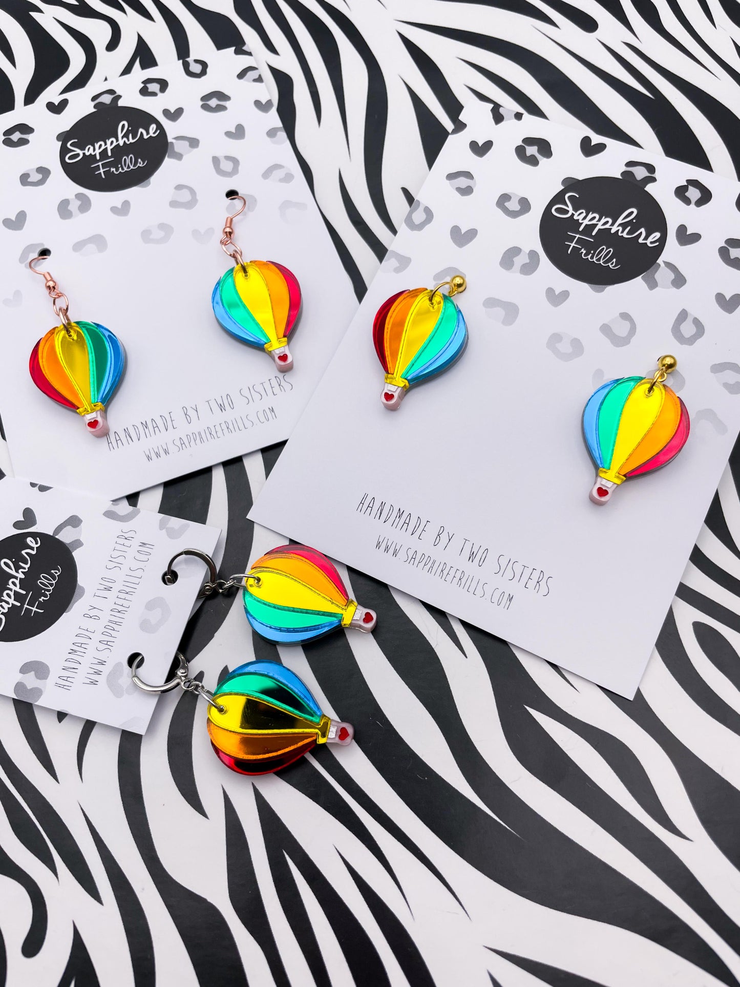 Bright Rainbow Mirror Acrylic Hot Air Balloon Dangle Earrings