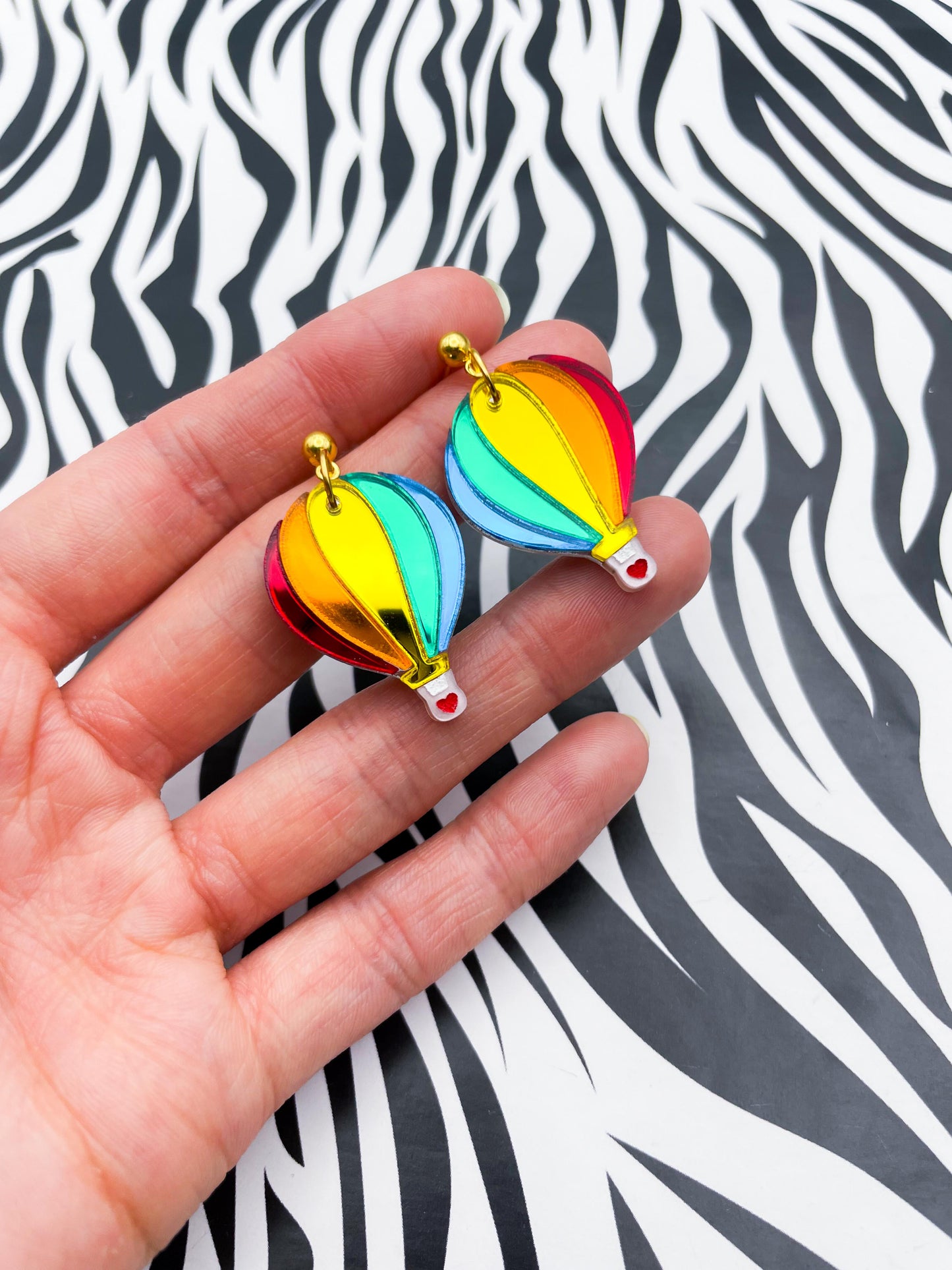 Bright Rainbow Mirror Acrylic Hot Air Balloon Dangle Earrings or Necklace – Hypoallergenic Stainless Steel