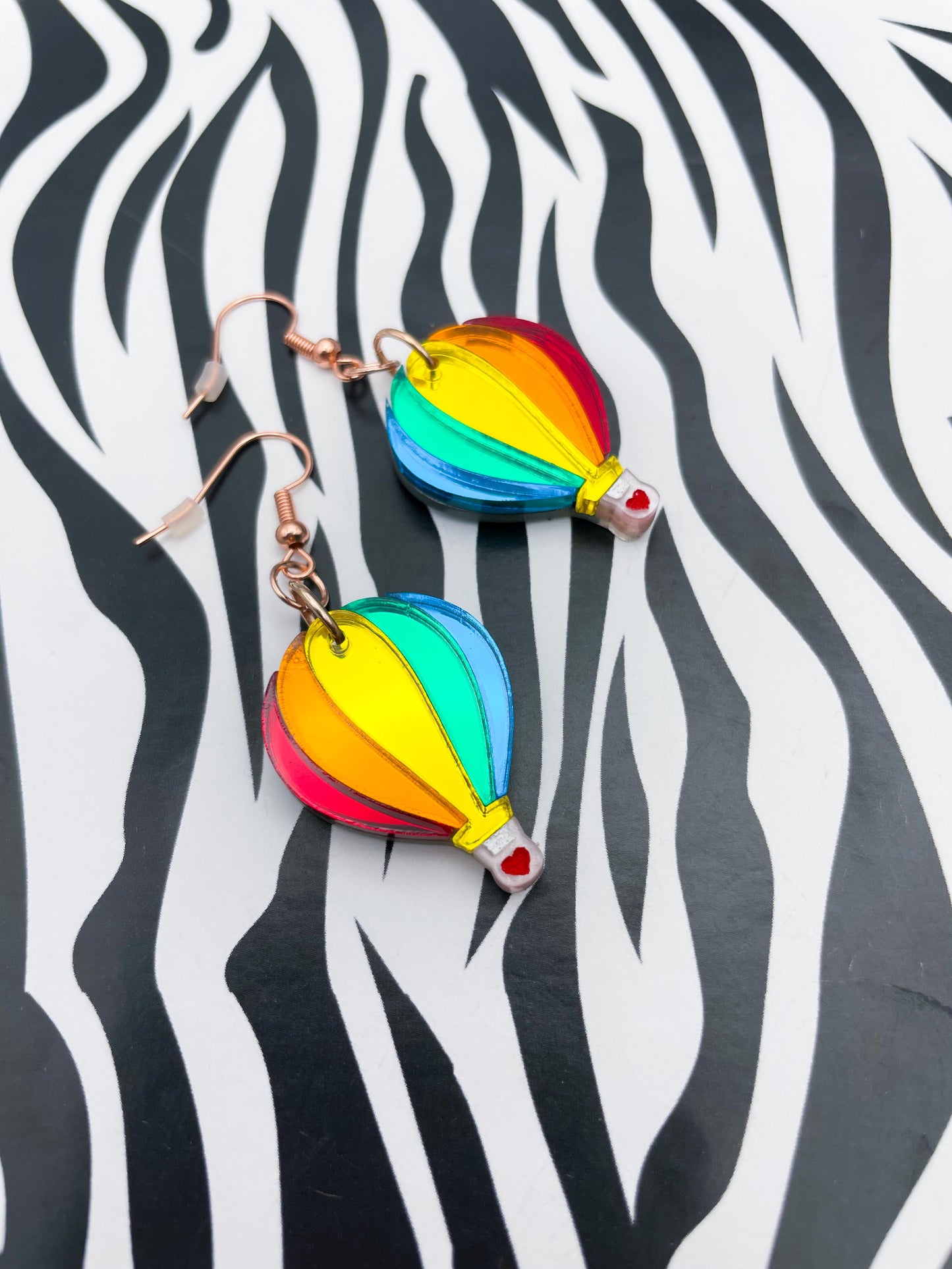 Bright Rainbow Mirror Acrylic Hot Air Balloon Dangle Earrings