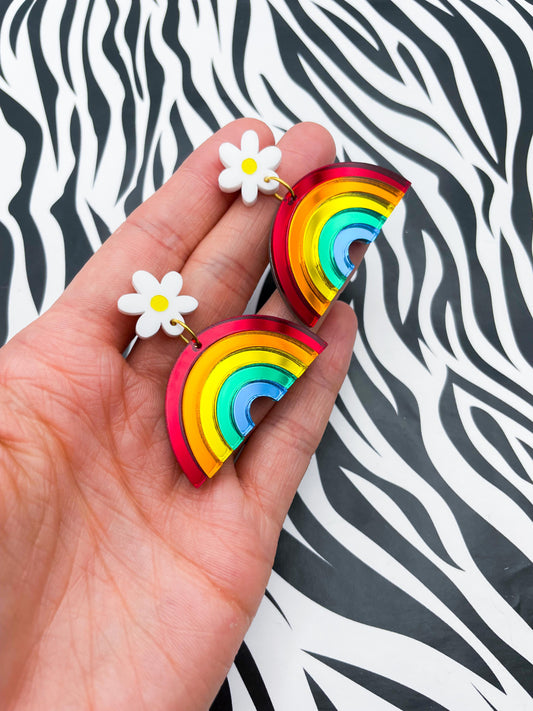 Bright Mirror Rainbow Arch and Daisy Acrylic Dangle Earrings – Hypoallergenic Stainless Steel