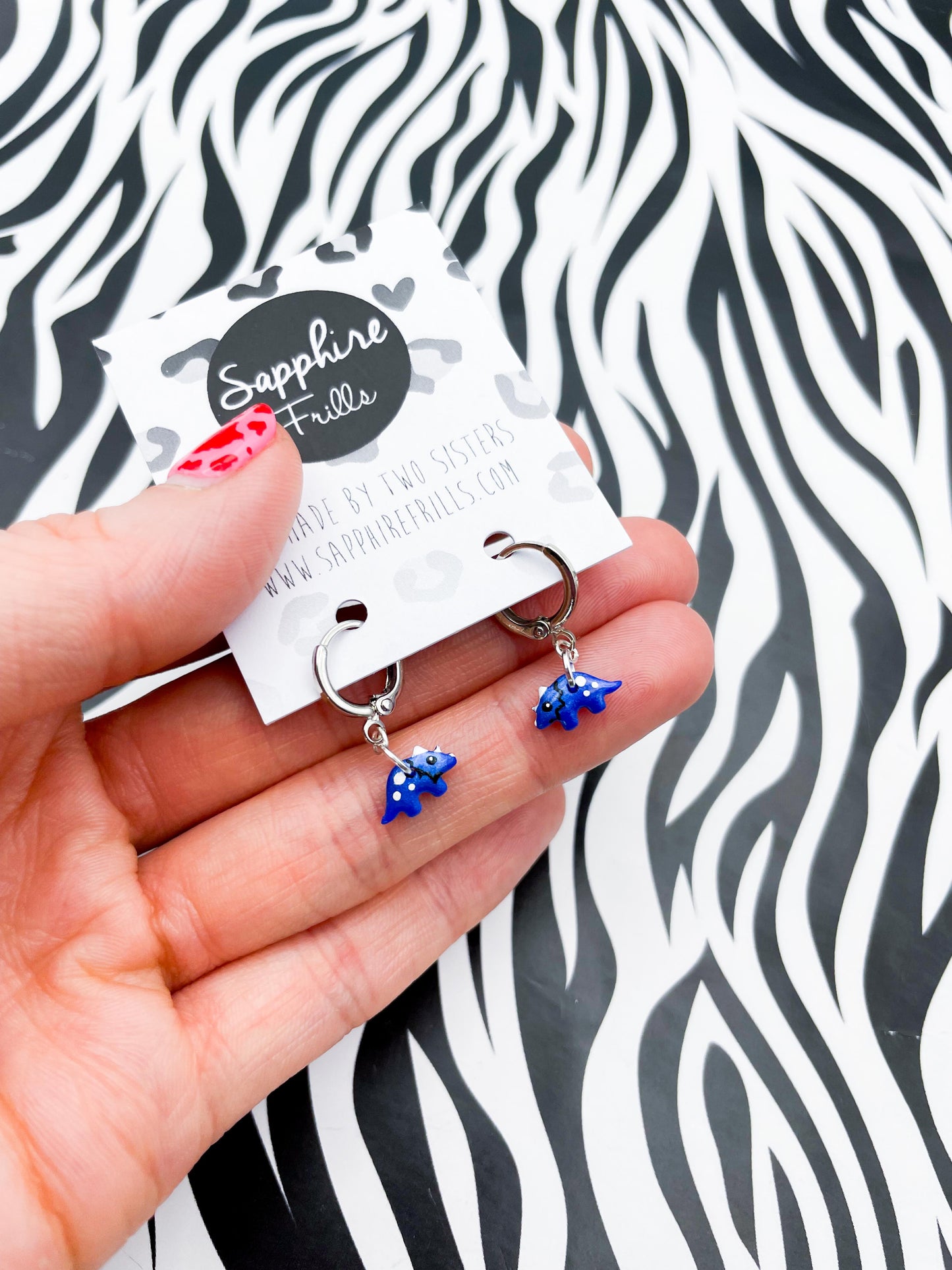 Mini Pearlescent Blue Triceratops Dinosaur Earrings