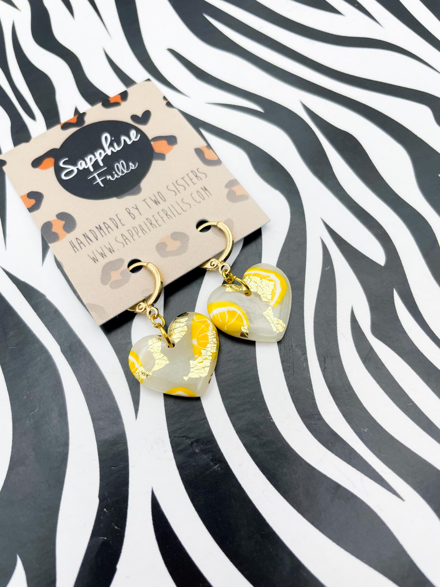 Medium Translucent Lemon Slice with Gold Foil Heart Earrings or Necklace – Hypoallergenic Stainless Steel