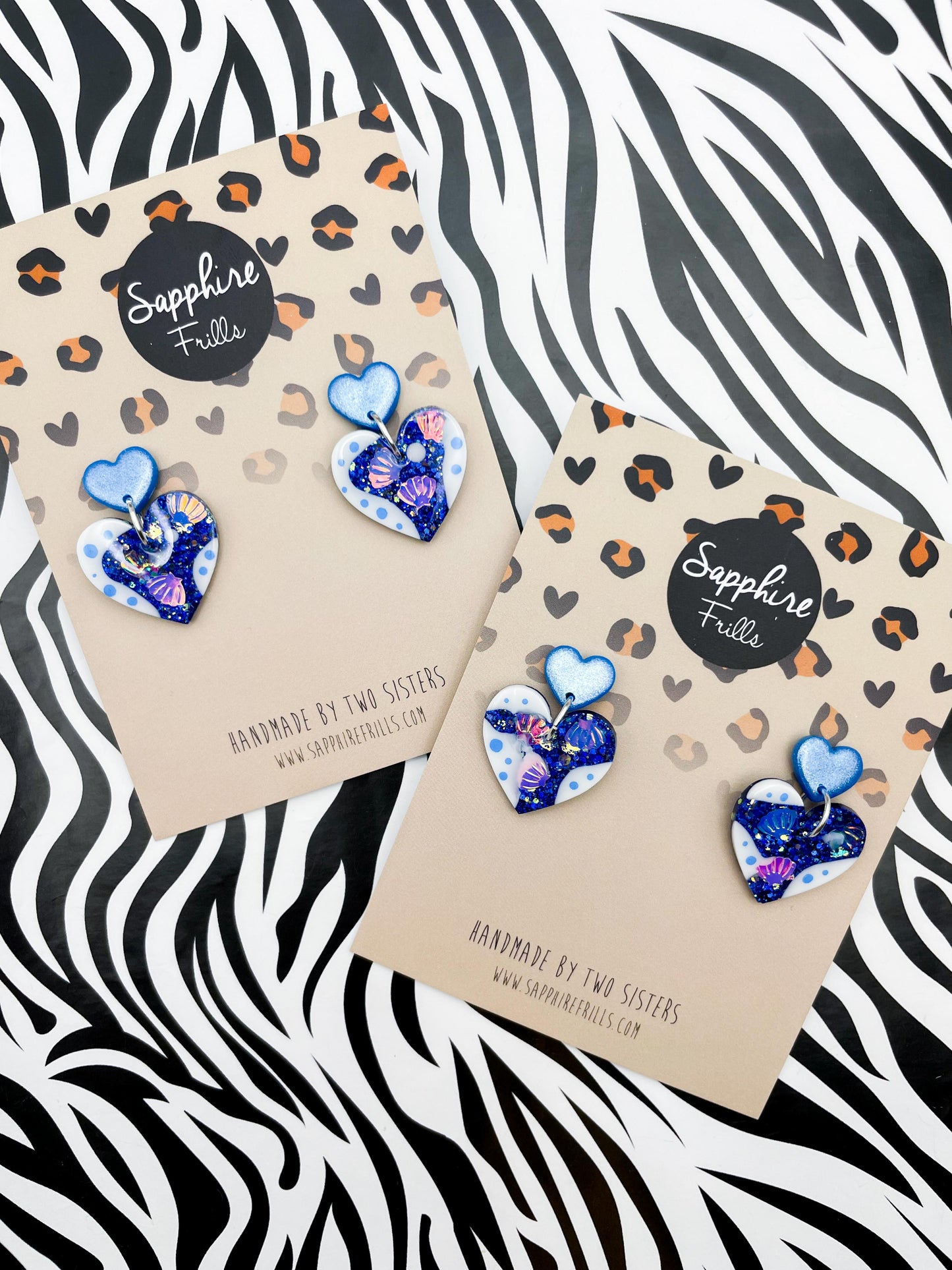 Sapphire Blue Glitter Seashell Resin Heart Dangle Earrings