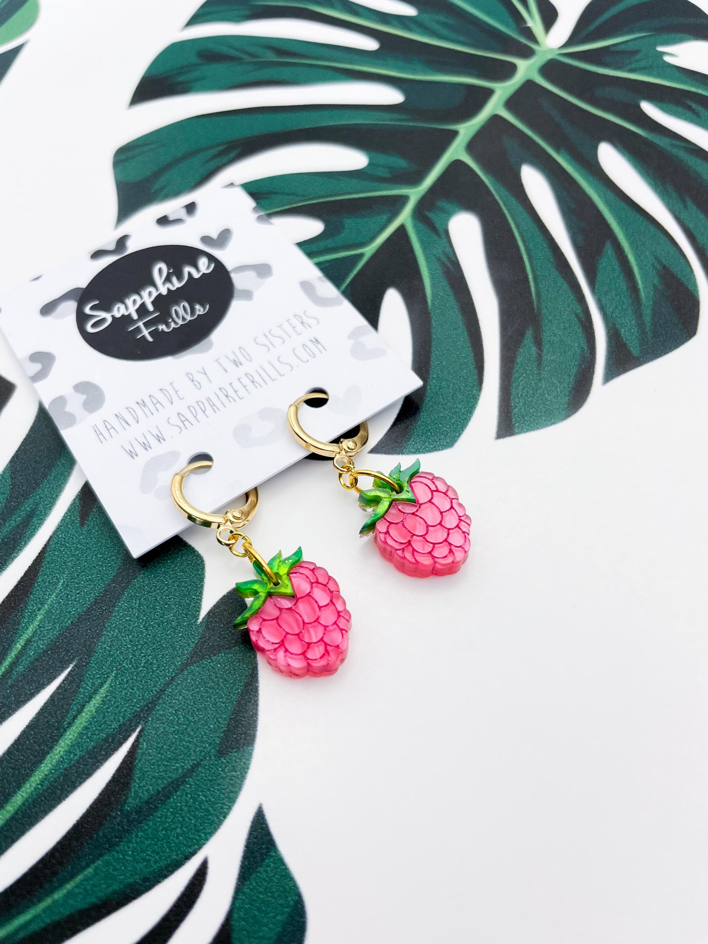Small Hot Pink Marble Acrylic Raspberry Dangle Earrings