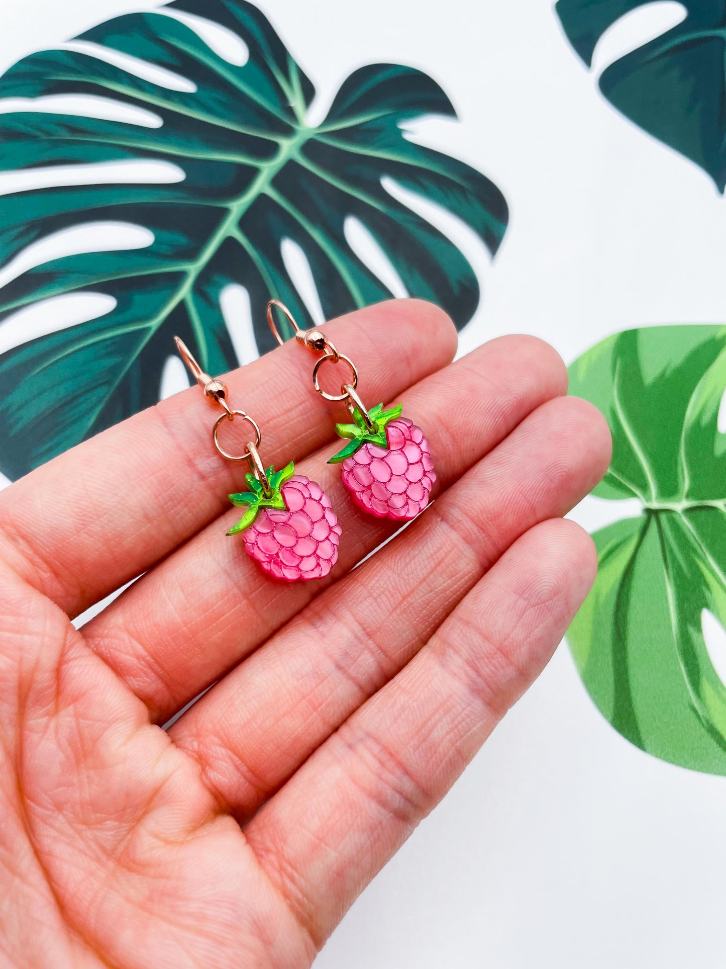 Small Hot Pink Marble Acrylic Raspberry Dangle Earrings