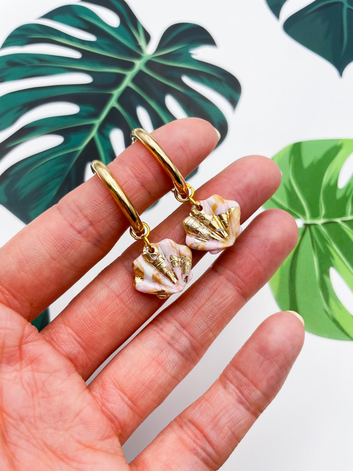 Mini or Small Champagne Gold, Baby Pink and Pearlescent White Marble Shell Earrings