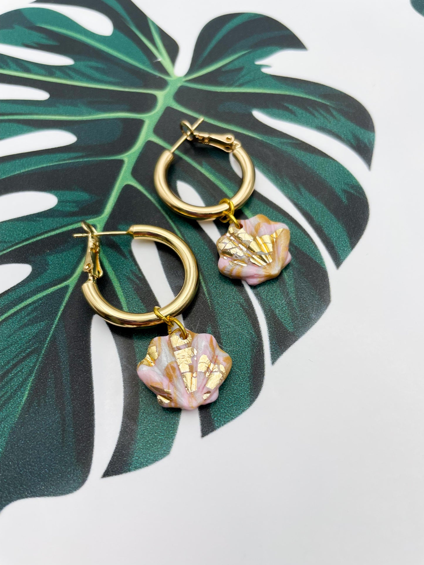 Mini or Small Champagne Gold, Baby Pink and Pearlescent White Marble Shell Earrings