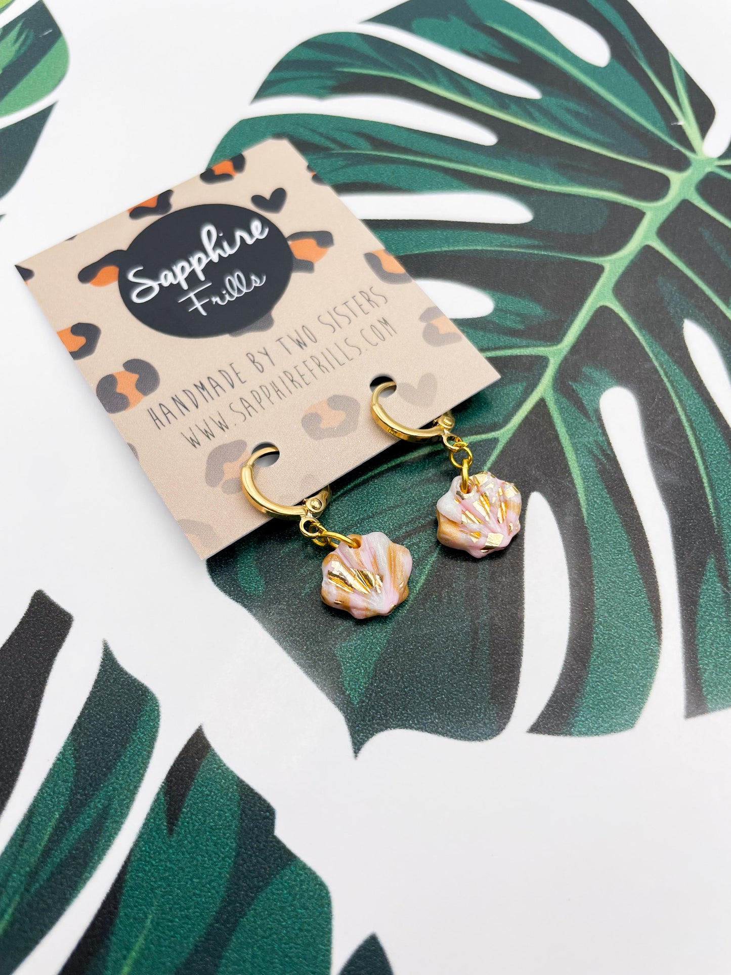 Mini or Small Champagne Gold, Baby Pink and Pearlescent White Marble Shell Earrings