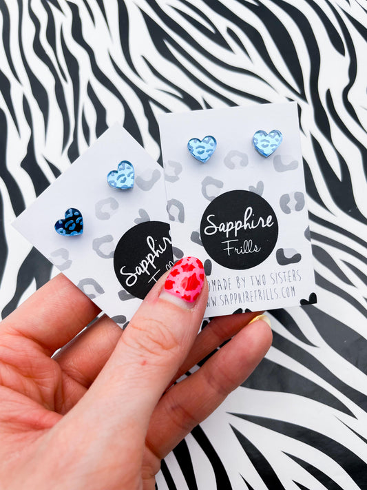 Mini Light Blue Leopard Print Acrylic Mirror Heart Stud Earrings – Hypoallergenic Stainless Steel