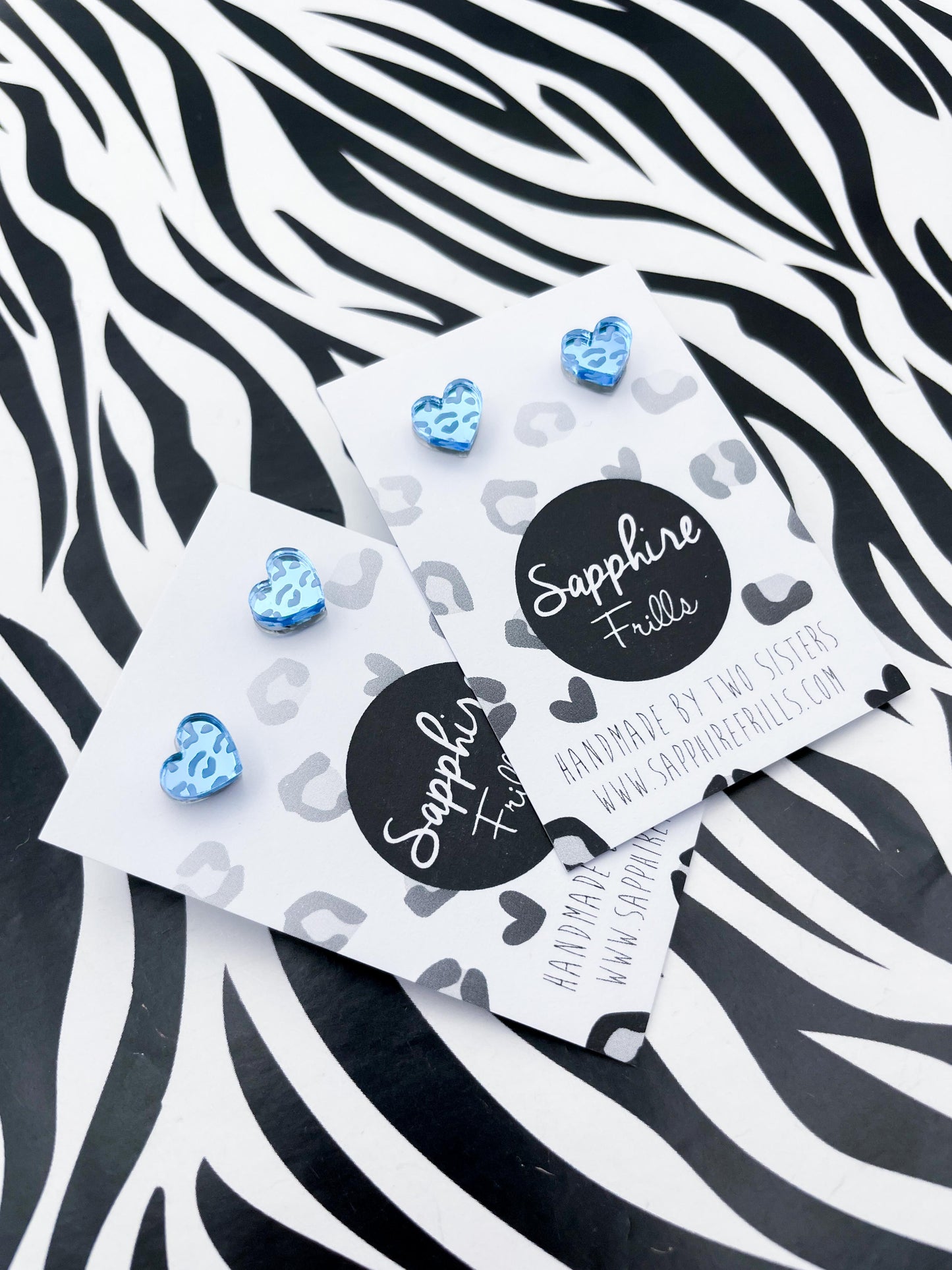 Mini Light Blue Leopard Print Acrylic Mirror Heart Stud Earrings – Hypoallergenic Stainless Steel