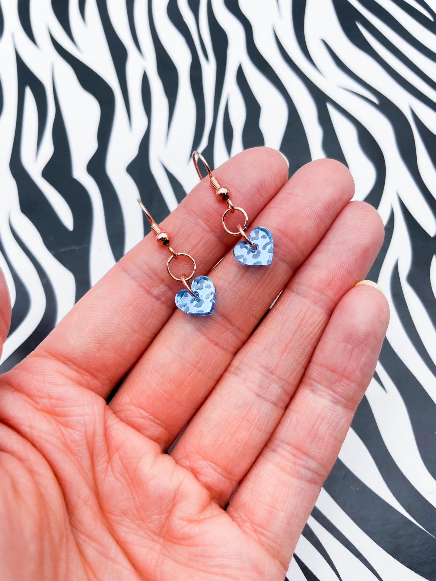 Mini Light Blue Leopard Print Acrylic Mirror Heart Dangle Earrings or Necklace – Hypoallergenic Stainless Steel