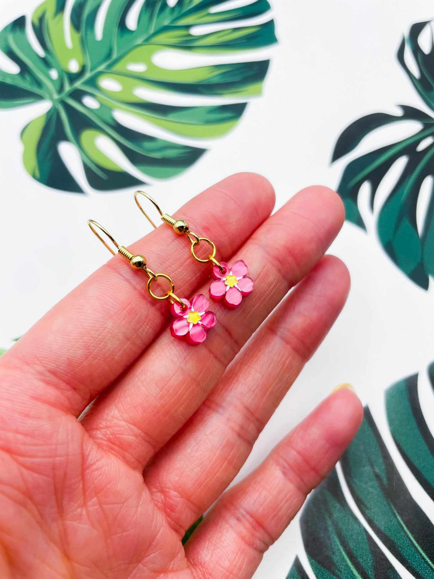 Mini Pink Marble Acrylic Forget Me Not Flower Dangle Earrings or Necklace – Hypoallergenic Stainless Steel