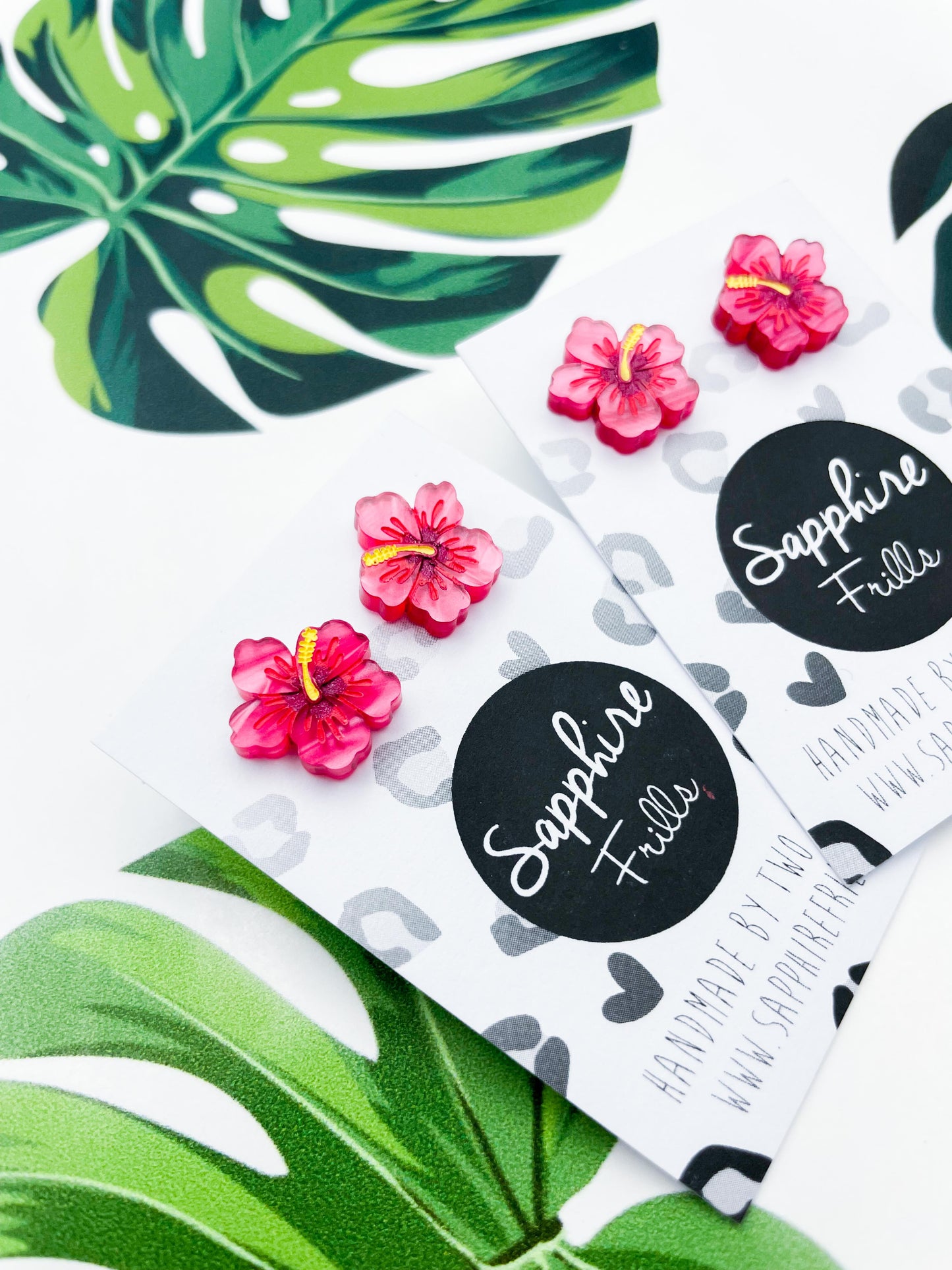 Small Hot Pink Marble Acrylic Hibiscus Flower Stud Earrings