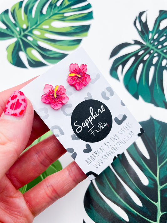 Small Hot Pink Marble Acrylic Hibiscus Flower Stud Earrings – Hypoallergenic Stainless Steel