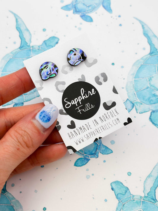Mini Blue & Green Real Sundial Shell Studs – Hypoallergenic Stainless Steel