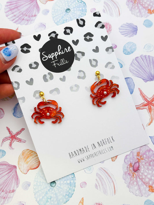 Medium Bright Orange Crab with Pearl Dangle Earrings or Necklace – Hypoallergenic Stainless Steel