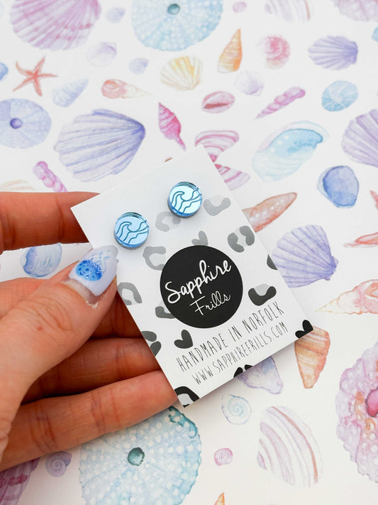 Mini Light Blue Mirror Wave Studs – Hypoallergenic Stainless Steel