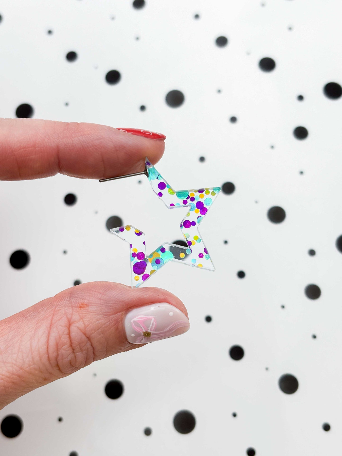 Large Turquoise, Gold and Purple Party Sequin Clear Acrylic Star Hoops – Hypoallergenic Stainless Steel
