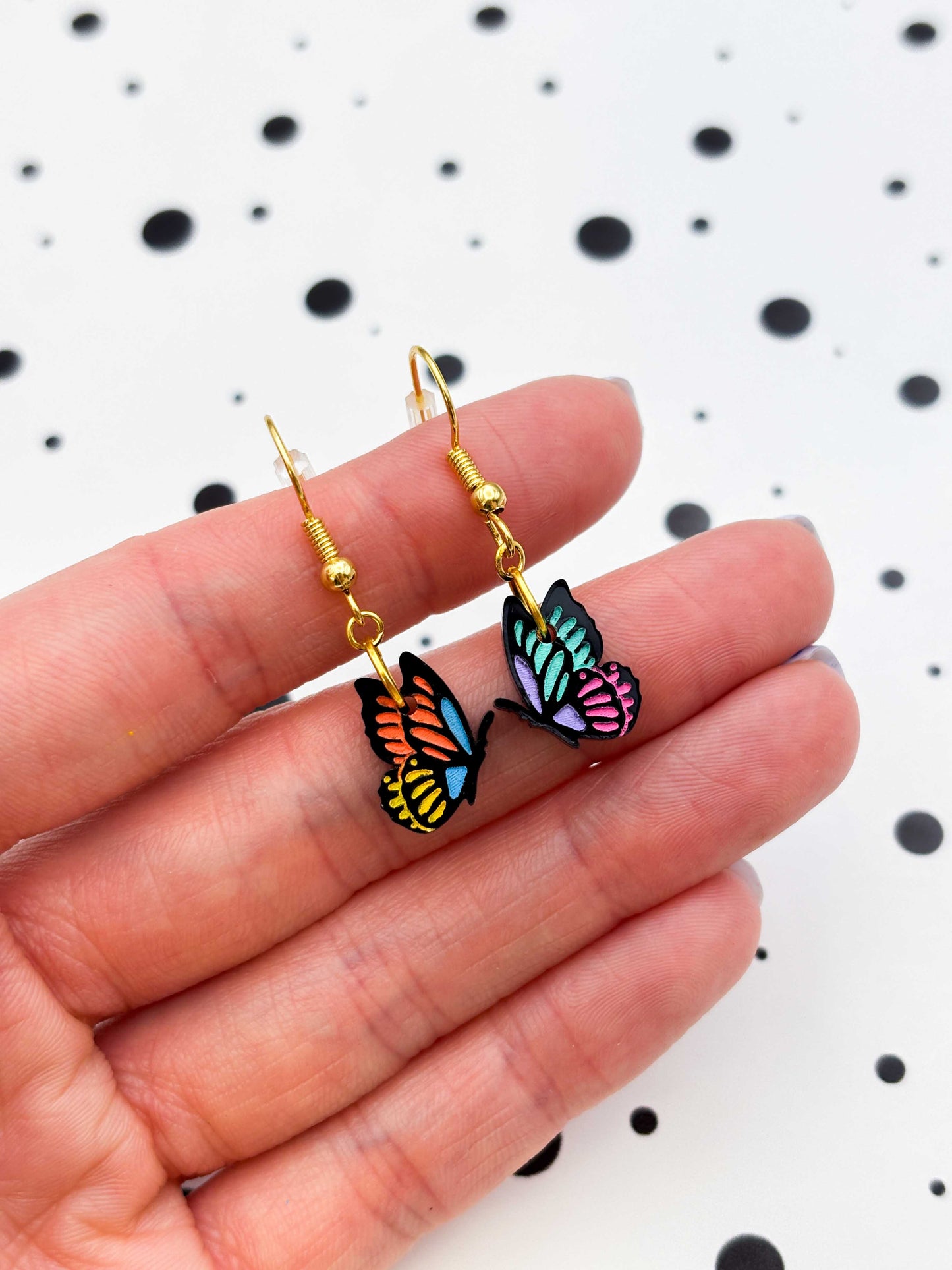 Small Rainbow Mismatch Butterfly Dangle Earrings or Necklace – Hypoallergenic Stainless Steel