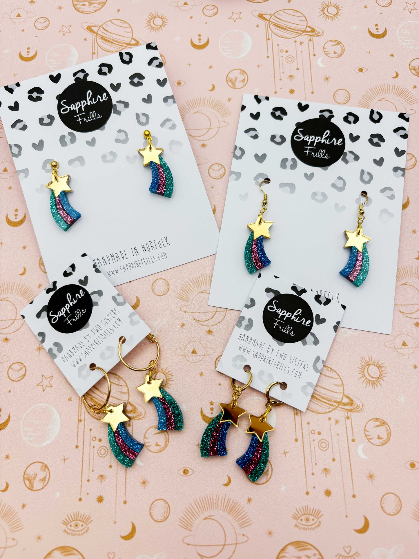 Medium Gold Rainbow Holographic Glitter Acrylic Shooting Star Dangle Earrings or Necklace – Hypoallergenic Stainless Steel