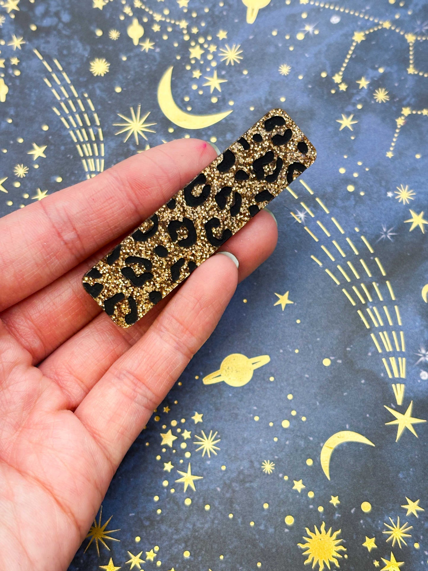Gold Glitter Leopard Print Rectangle Acrylic Hair Clip