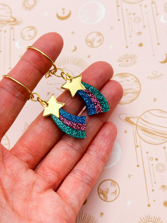 Medium Gold Rainbow Holographic Glitter Acrylic Shooting Star Dangle Earrings or Necklace – Hypoallergenic Stainless Steel