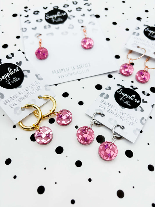 Small Pink Mirror and Holographic Magenta Glitter Acrylic Disco Ball Dangle Earrings or Necklace – Hypoallergenic Stainless Steel