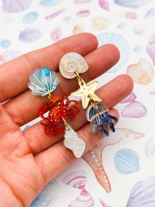 Beach and Sea Life Blue and Orange Mismatch Dangle Earrings – Hypoallergenic Stainless Steel