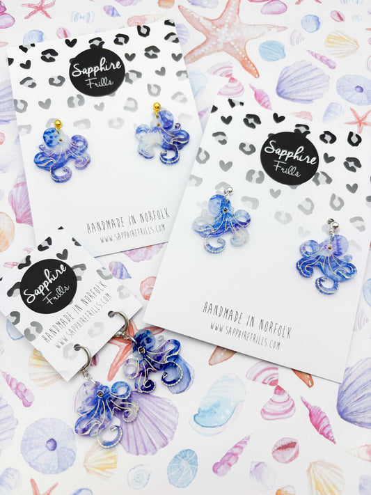 Large Blue and Purple Ink Octopus Dangle Earrings or Necklace – Hypoallergenic Stainless Steel