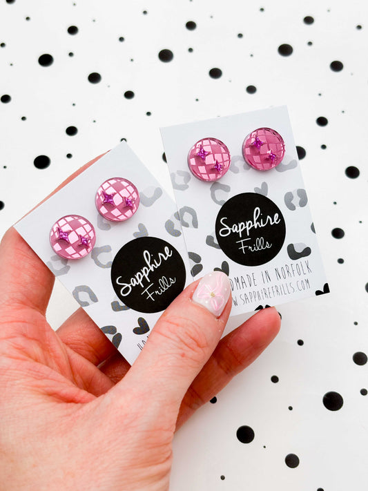 Small Pink Mirror and Holographic Magenta Glitter Acrylic Disco Ball Stud Earrings – Hypoallergenic Stainless Steel