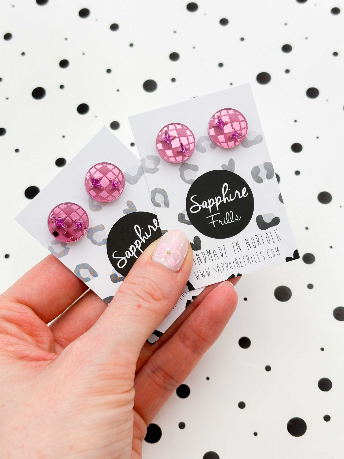 Small Pink Mirror and Holographic Magenta Glitter Acrylic Disco Ball Stud Earrings – Hypoallergenic Stainless Steel